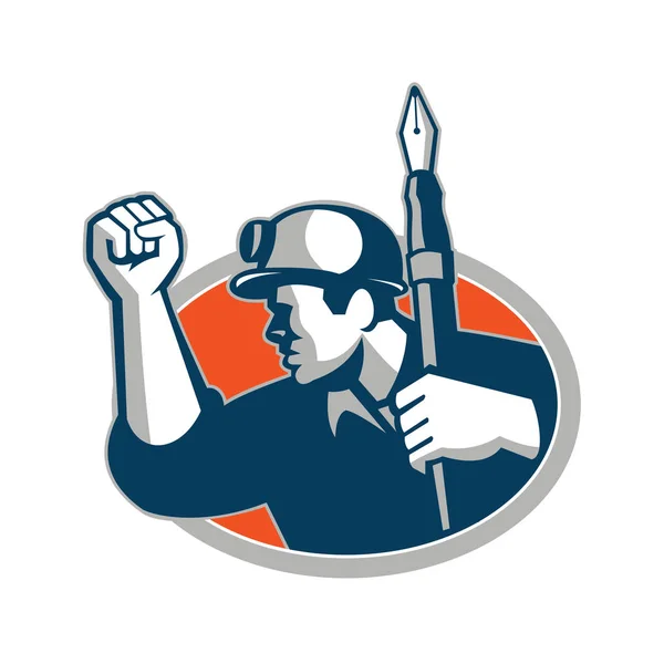 Mascot Icon Illustration Coal Miner Holding Fountain Pen Doing Fist — Stock Vector