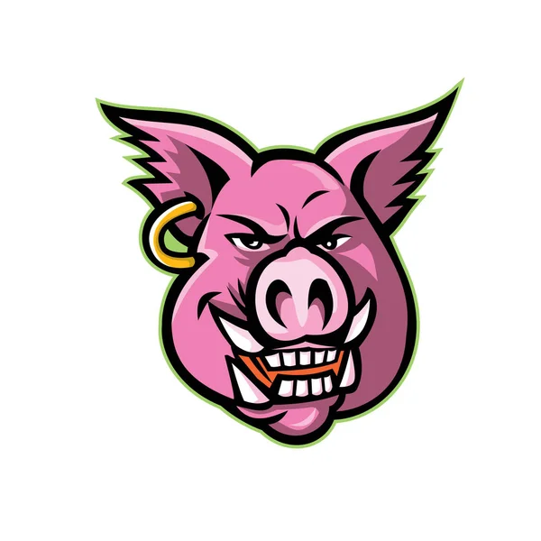Mascot Icon Illustration Head Pink Wild Pig Boar Hog Wearing — Stock Vector