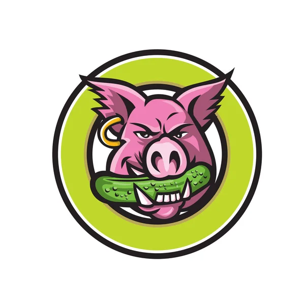 Icône Mascotte Illustration Tête Cochon Sauvage Sanglier Porc Mordant Cornichon — Image vectorielle