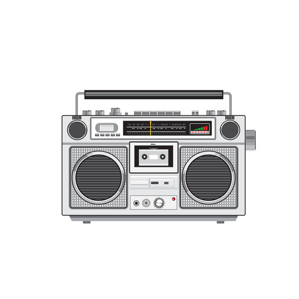 Retro style illustration of a retro vintage portable radio cassette recorder player viewed from front on isolated white background.