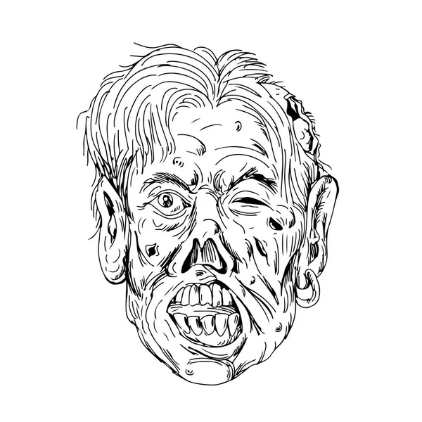 Рисунок Стиле Эскиза Головы Зомби Вымышленный Нежить Глазами Катится Рот — стоковый вектор