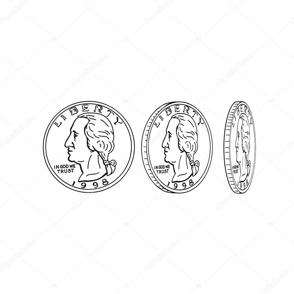 2d Animation motion graphics showing the obverse and reverse of an American quarter dollar or United States coin spinning on white screen, green screen with alpha matte in  HD high definition.