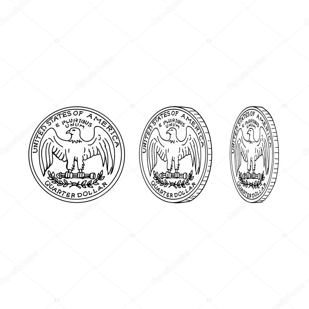 Drawing sketch style illustration showing the reverse or tail of an American quarter dollar or United States coin spinning or flipping on it's head on isolated background.