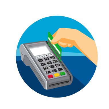 Retro tarzı resimde satış noktası üzerinde bir kredi kartı swiping el Pos terminal daire içinde izole arka plan üzerinde ayarla.