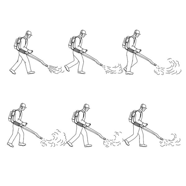 Drawing sketch style illustration of a  a gardener or groundsman with leaf blower or blower vac walking cycle sequence viewed from  side on isolated background.