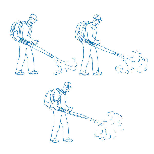 Drawing sketch style illustration of a sequence of gardener with leaf blower or blower vac blowing side to side on isolated background.