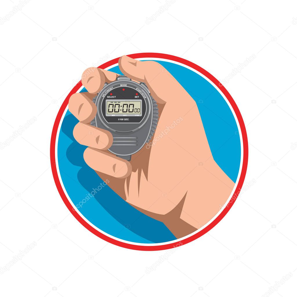 Retro style illustration of a hand holding a digital stopwatch or timer and counting up to one millisecond on isolated background.