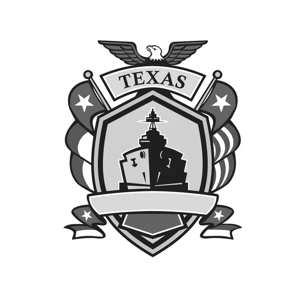 图上的吉祥物图标是灰度或灰度的德克萨斯战列舰的徽章 侧面挂着美国鹰和孤星州旗 正面是盾牌 背景孤立 风格复古 — 图库矢量图片