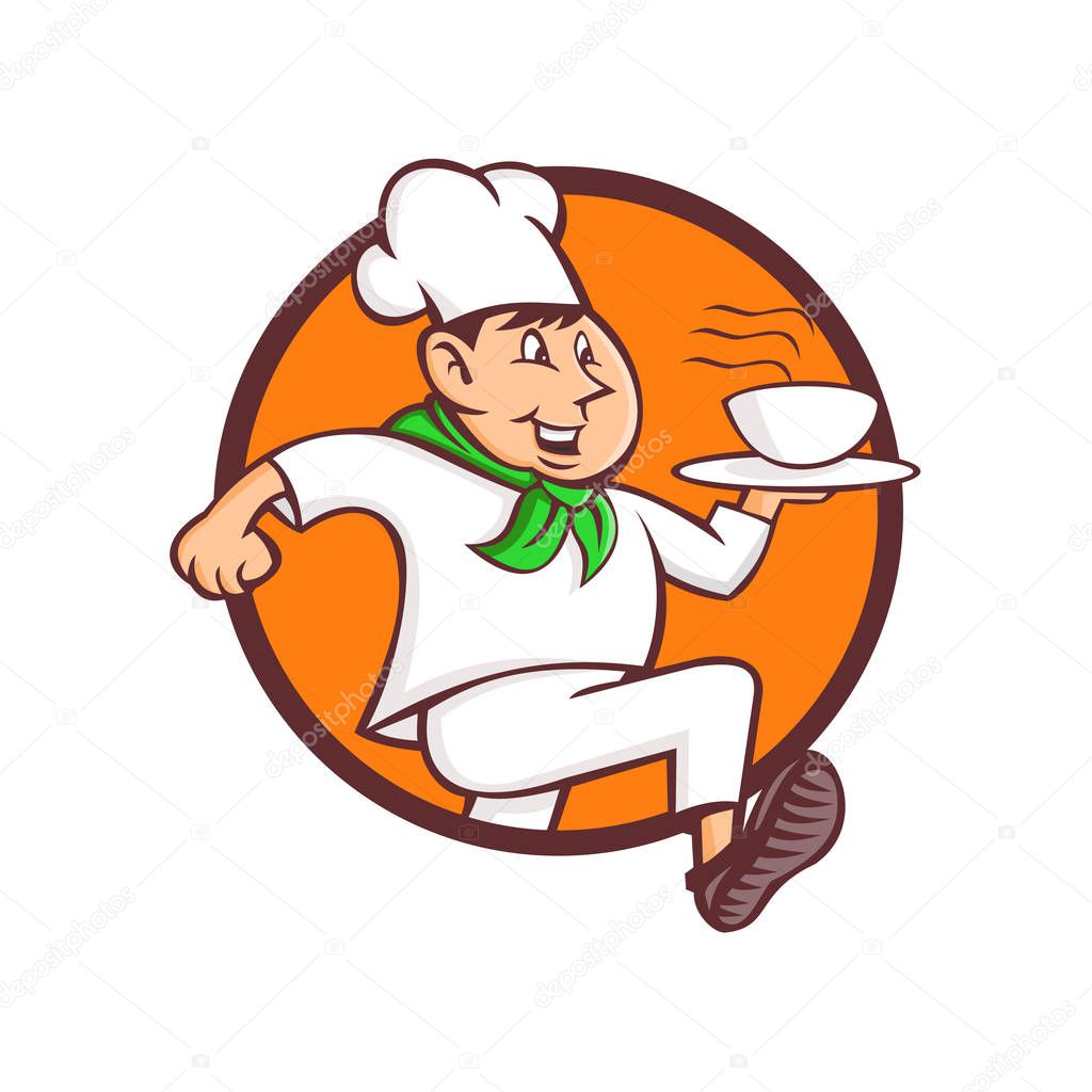 Mascot icon illustration of a speedy running chef, cook or baker serving a bowl of hot fast food set inisde circle viewed from side on isolated background in retro style.