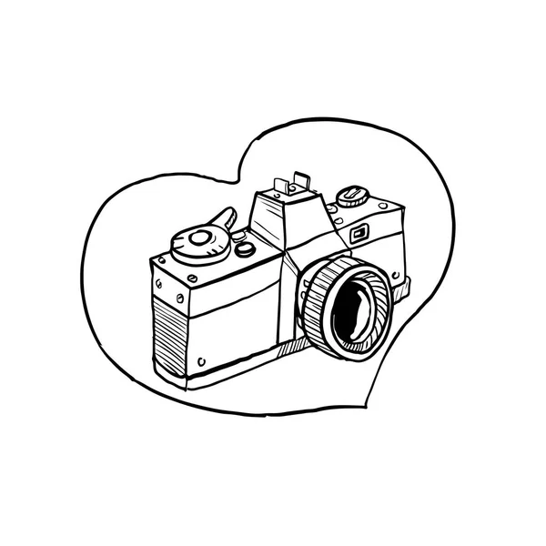 Drawing Sketch Style Illustration Vintage 35Mm Slr Camera Set Heart — Stock Vector