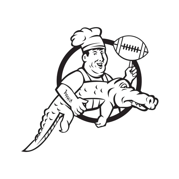 Icono Mascota Ilustración Chef Cocinero Girando Una Pelota Fútbol Americano — Vector de stock