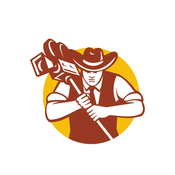 Icona Della Mascotte Illustrazione Cameraman Cowboy Che Indossa Cappello Tiene — Vettoriale Stock