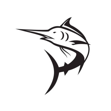 Sağdaki siyah ve beyaz izole arka plan üzerinde yapılan atlama mavi marlin simgesi retro tarzı gösteren resim.