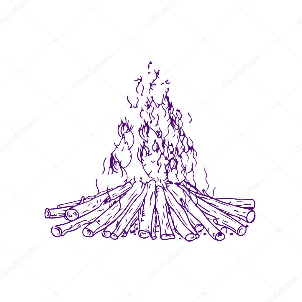 Drawing sketch style illustration of a bonfire or campfire with firewood burning on fire on isolated background.