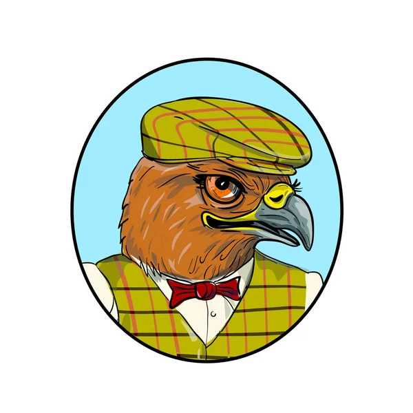 Drawing Sketch Style Illustration Head Hawk Falcon Outdoorsman Hunter Wearing — Stock Vector