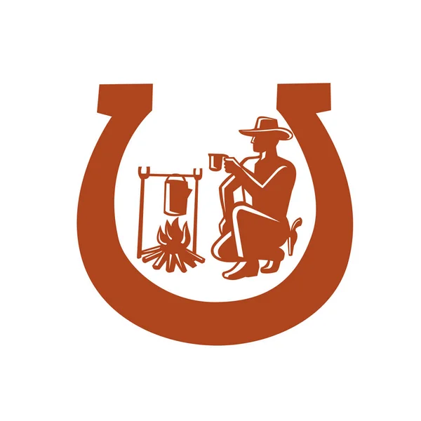 Mascot Icon Illustration Cowboy Drinking Coffee Campfire Set Horseshoe Viewed — Stock Vector