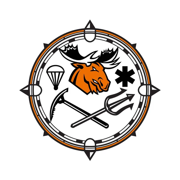 Иконка Талисмана Изображающая Голову Лося Парашютом Звездой Жизни Пересечённый Трезубец — стоковый вектор