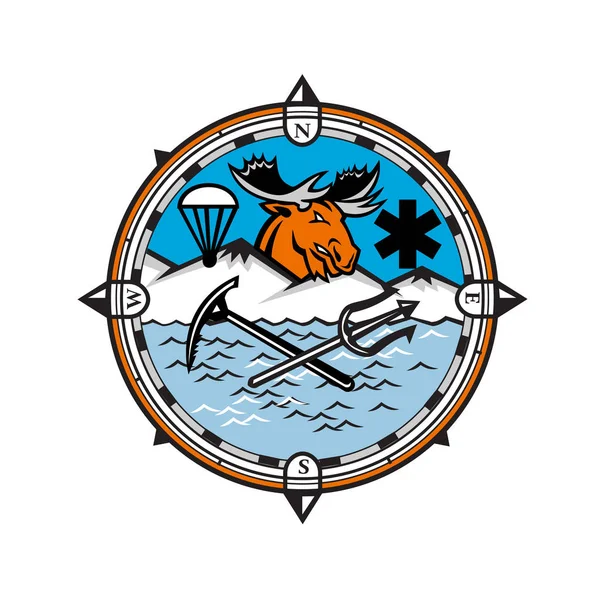 Icono Mascota Ilustración Cabeza Alce Con Paracaídas Símbolo Estrella Vida — Vector de stock