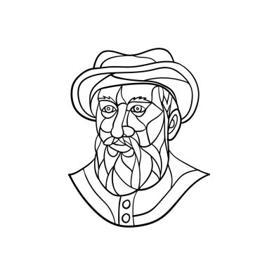 Mozaik düşük çokgen stilini gösterimi bir eski İspanyolca veya Portekizce explorer veya deniz subayı, Ferdinand Magellan bir şapka ve sakal giymekte beyaz arka planda siyah ve beyaz izole..