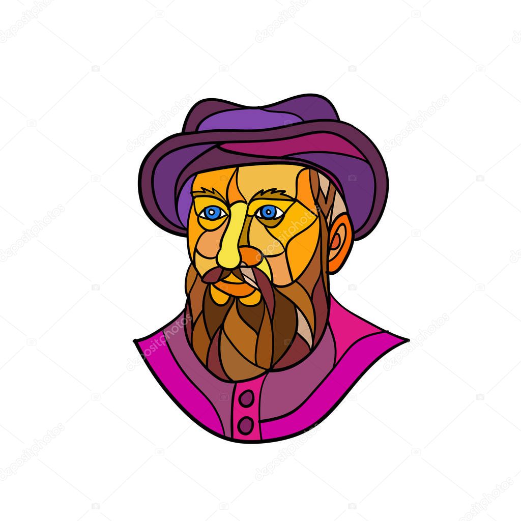 Mosaic low polygon style illustration of an old Spanish or Portuguese explorer or naval officer, Ferdinand Magellan wearing a hat and beard on isolated white background in black and white.
