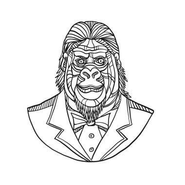 Bir goril veya smokin giyiyor maymun büstü mono line çizimi kat ceket ve siyah ve beyaz monoline tarzında yapılan açık her bakıldığında takım elbise kravat.