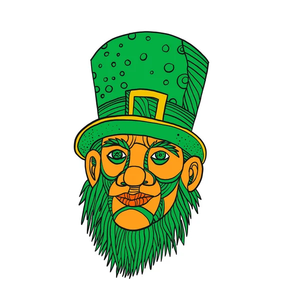 Mono Line Illustration Head Irish Leprechaun Green Beard Top Hat — Stock Vector