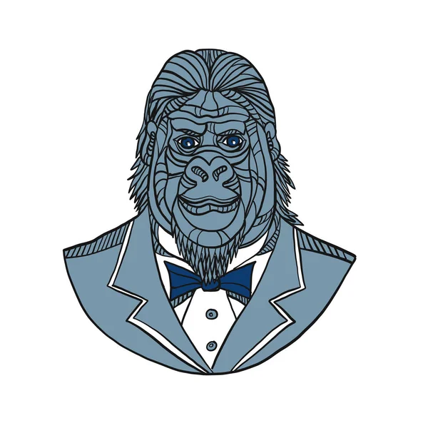 单声道线例证大猩猩或猿的胸围穿燕尾服外套外套和领带西装从前面做的颜色单线风格 — 图库矢量图片