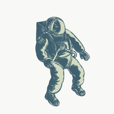 Bir astronot, kozmonot veya spacdone scraperboard izole arka plan üzerinde üzerinde yüzen uzay adamı scratchboard stil gösteren resim.
