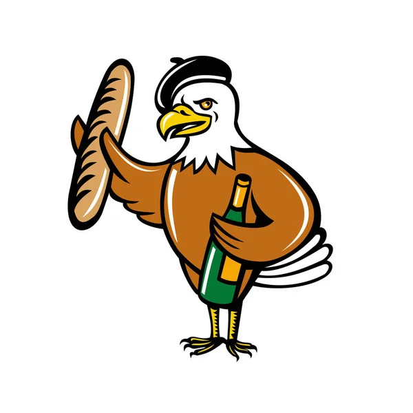 フランスのベレー帽を身に着けていると つの翼と正面からみたワインの地位のボトルでバゲットを保持しているアメリカン イーグル マスコットの漫画スタイルの実例 — ストックベクタ