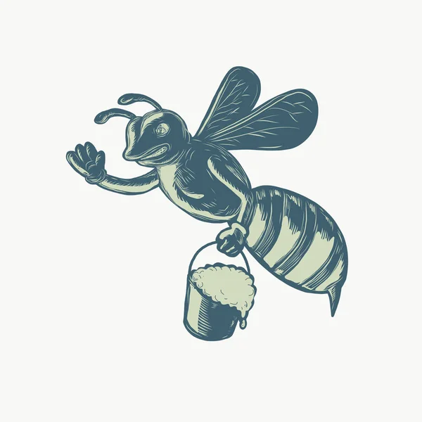 ったら振って滴下孤立の背景に Scraperboard で行われている蜂蜜のバケツを運ぶミツバチのイラスト — ストックベクタ
