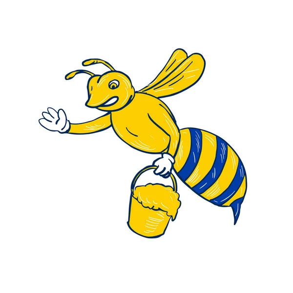 Kreslení Náčrtu Stylu Obrázku Čmelák Nebo Honey Bee Mává Nesoucí — Stockový vektor