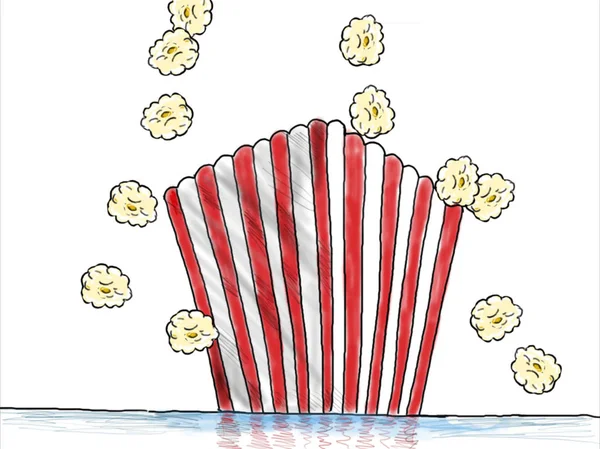 2d Animation motion graphics showing a drawing of a popcorn in red and white stripe cardboard box packet popping on white background viewed from low angle.