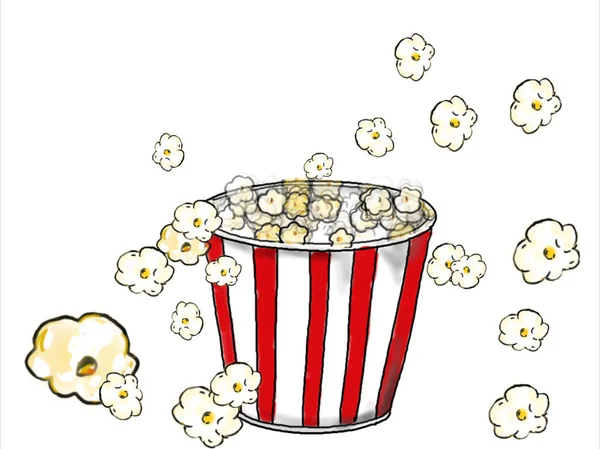 动画动作图形 显示在白色背景上爆裂的红色和白色条纹桶爆米花的图纸 — 图库照片
