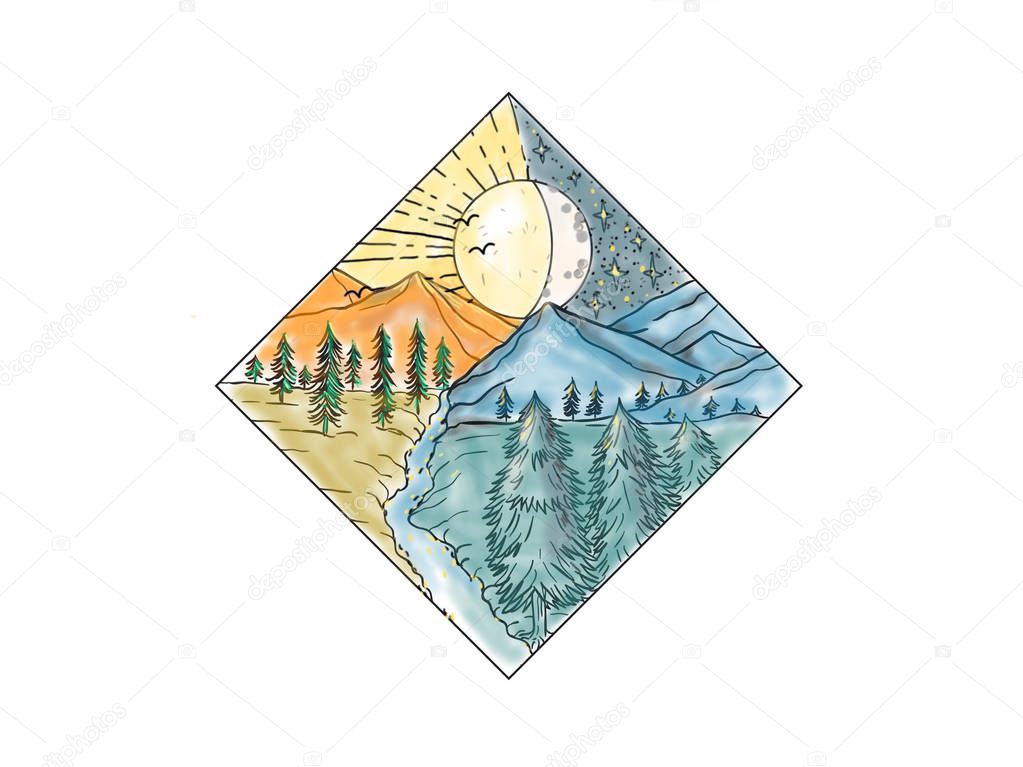 2d Animation motion graphics showing a drawing of a day and night scene with sun, moon , mountains , pine trees and flowing river on white background set inside diamond shape.