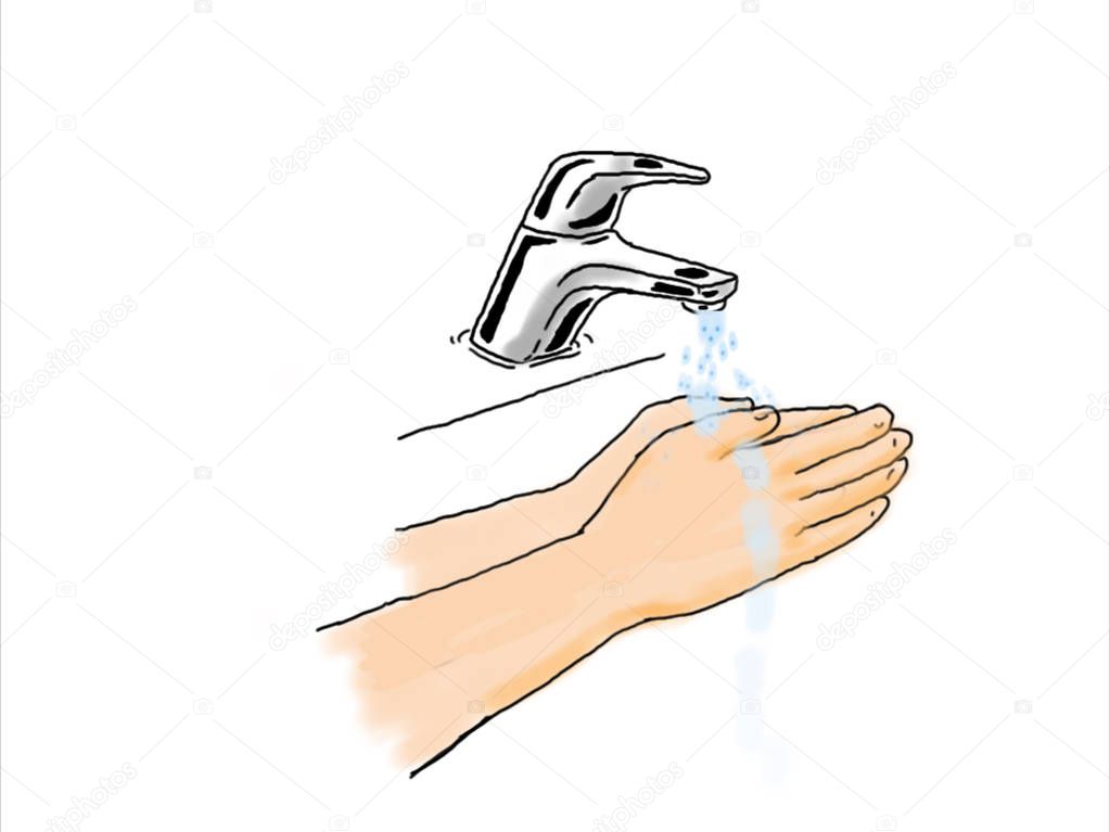 2d Animation motion graphics showing a drawing of a pair of hands scrubbing washing from water tap faucet on white background.