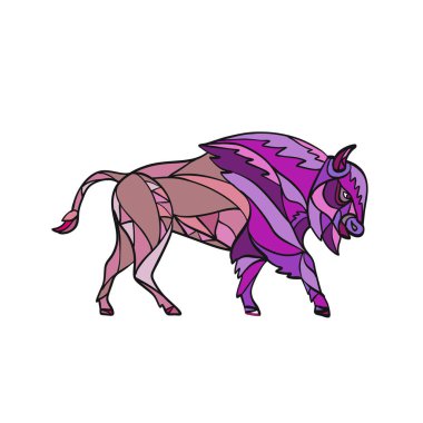 Bir Amerikan bizonu ya da Amerikan buffalo, siyah beyaz izole arka tarafta her bakıldığında bizon Kuzey Amerika tür mozaik stil gösteren resim.