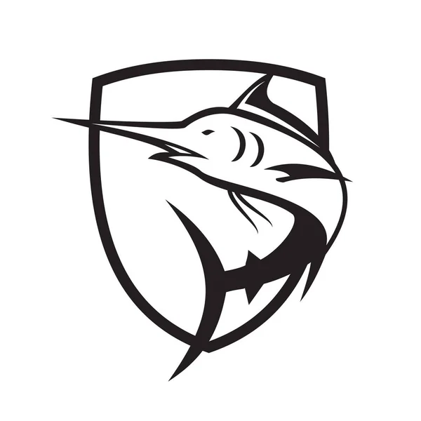 复古风格的插图蓝色马林鱼 比目鱼或旗鱼跳起设置在冠内或盾牌在孤立的背景在黑色和白色 — 图库矢量图片