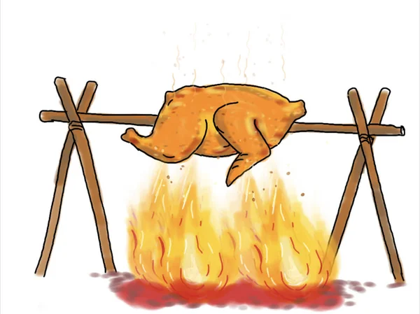 Illustration graphics showing a drawing of a chicken on stick or rod being roasted or barbecued on open fire flames  on white background.
