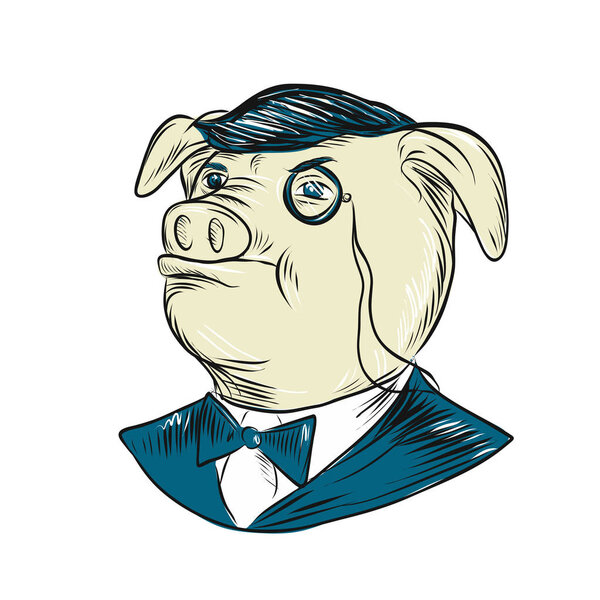Drawing sketch style illustration of Mister Pig wearing a monocle and tuxedo bow tie looking forward on isolated white background.