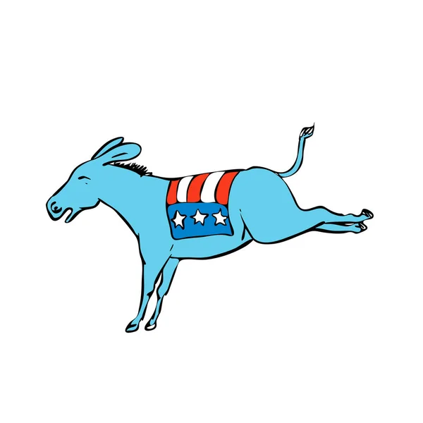 デッサン スケッチ スタイル イラスト ロバやジャッカスのマスコットになって米国の星条旗フラグ背面分離の白い背景の上を蹴る — ストックベクタ