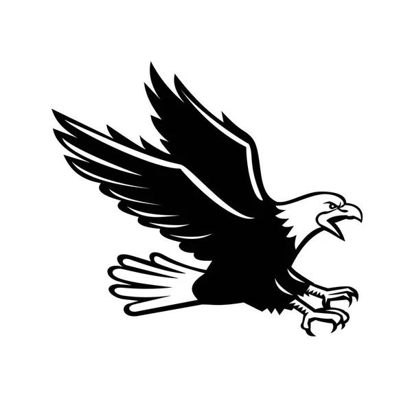 复古风格的插图 一个尖叫的秃鹰与爪俯冲从侧面看到在孤立的背景在黑色和白色 — 图库矢量图片