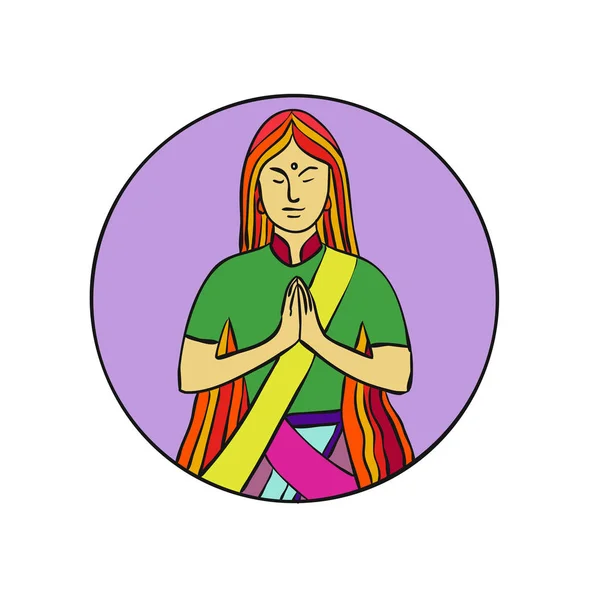 单线插图一个年轻的印度妇女按双手一起微笑迎接 Namaste 一个共同的文化实践在印度设置里面圈子做在单一式样式 — 图库矢量图片