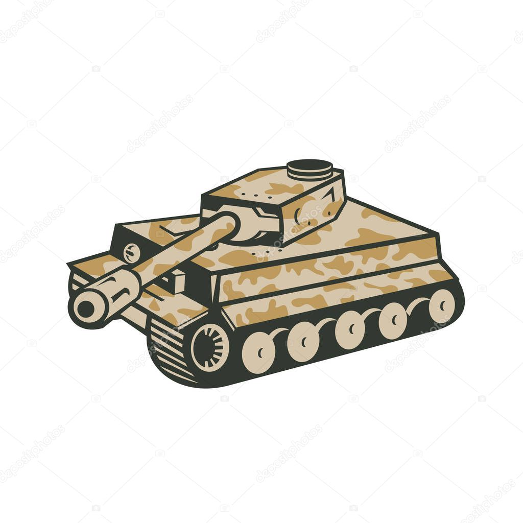 Retro style illustration of German world war two camouflaged panzer battle tank aiming its cannon towards the side on isolated background.