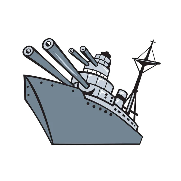 动画片样式例证世界大战二战舰 巡洋舰或驱逐舰与从低角度看待在被隔绝的背景 — 图库矢量图片