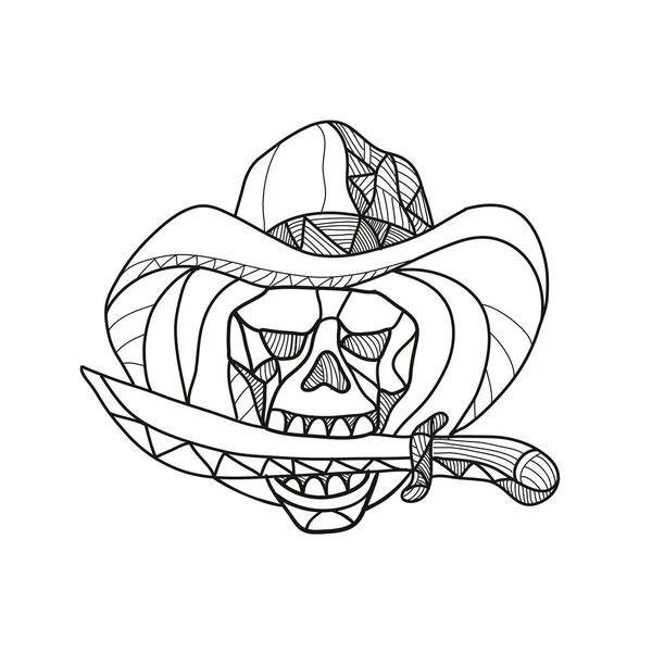 Mosaico Estilo Polígono Bajo Ilustración Cráneo Pirata Vaquero Con Sombrero — Vector de stock