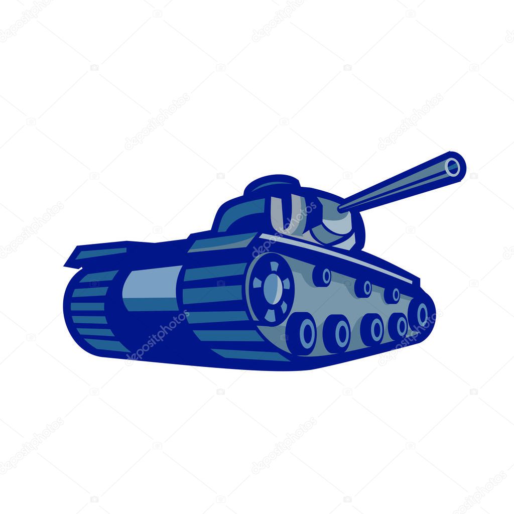 Retro style illustration of an American world war two battle tank pointing its gun to side viewed mfrom low angle on isolated background.