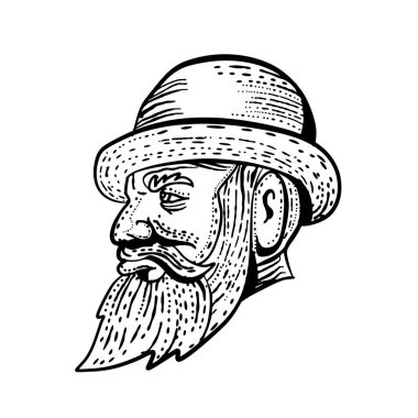 Gür sakallı ve bıyıklı bir melon şapka viwedr scraperboard scratchboard tarzı siyah beyaz üzerinde yapılan yan giyen bir hipster beyle gravür tarzı gösteren resim.
