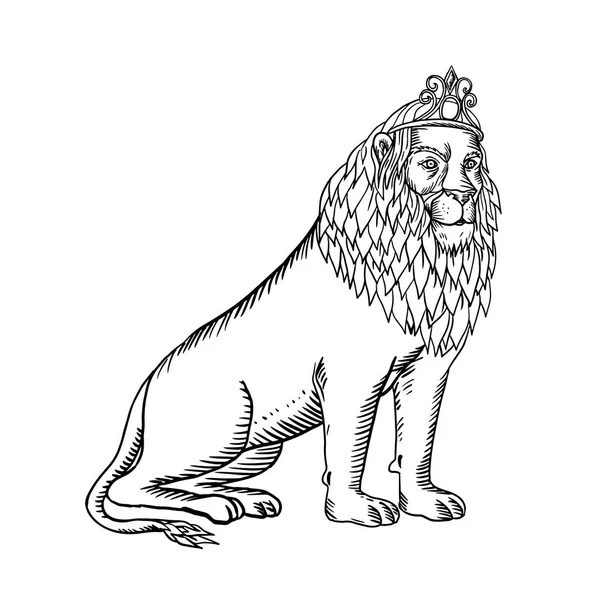 Etching Style Illustration Male Lion Full Mane Wearing Tiara Crown — Stock Vector
