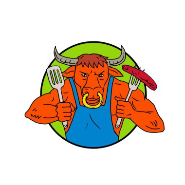 Çizim stili illüstrasyon karikatür Texas longhorn boğa kroki veya siyah beyaz izole beyaz daire içinde ayarlamak yanan Barbekü sosis yanma ile çatal tutan yönlendirmek.