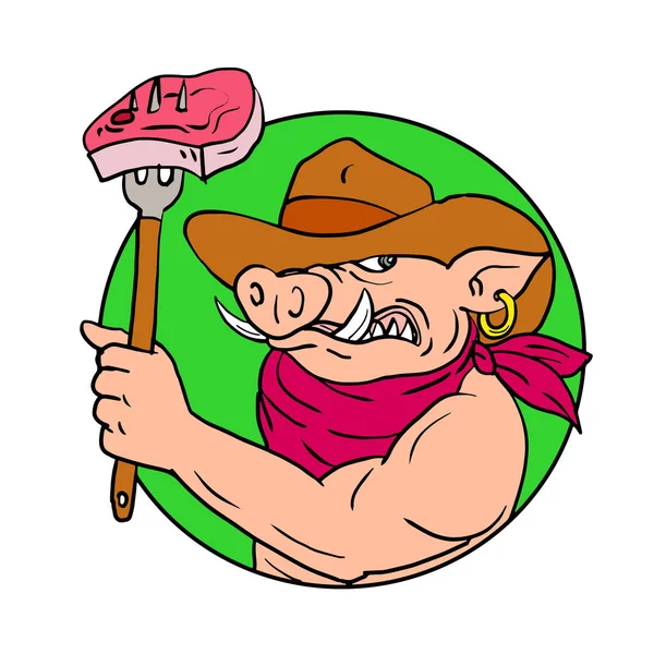 Dessin Illustration Style Croquis Cowboy Porc Cochon Sauvage Sanglier Tenant — Image vectorielle